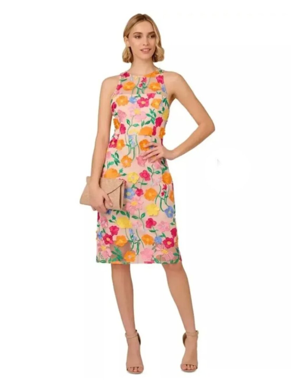 Adrianna Papell Embroidered Midi Dress - 3D Flowers, Colorful - Size 8